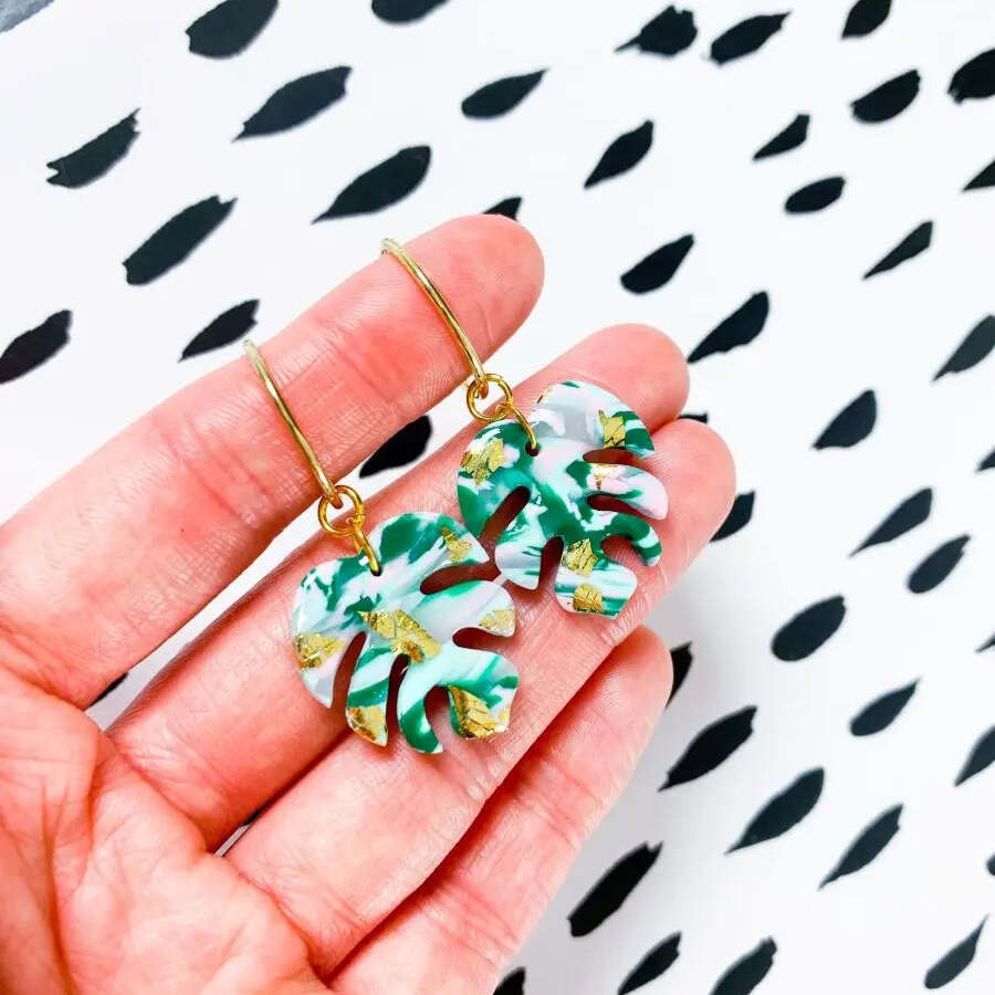 Green Mint & Baby Pink Marble Monstera Leaf Dangle Earrings