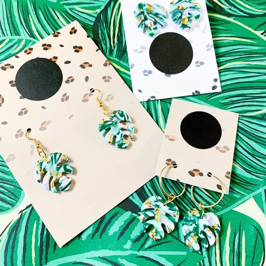 Green Mint & Baby Pink Marble Monstera Leaf Dangle Earrings