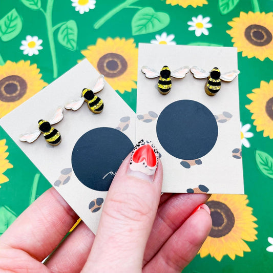 Gold Glitter & Iridescent Blue Honey Bee Acrylic Stud Earrings