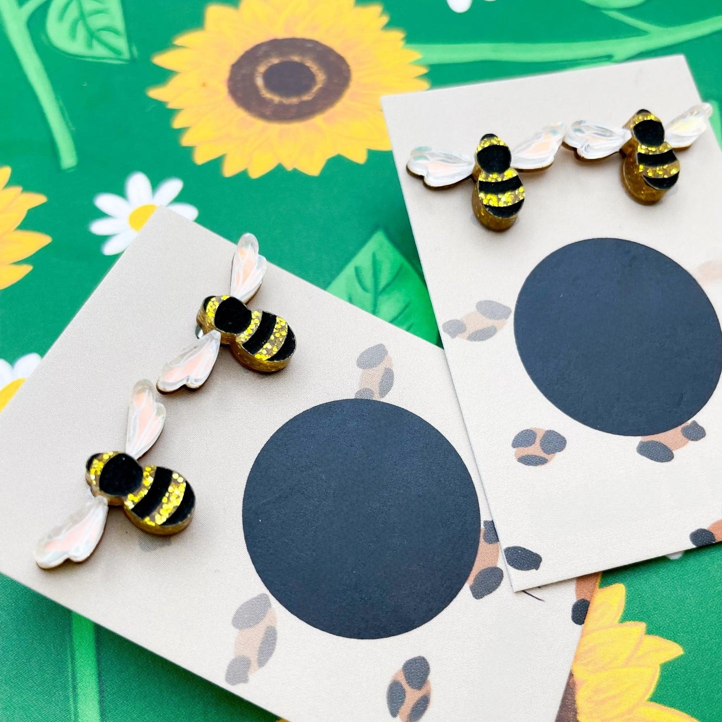 Gold Glitter & Iridescent Blue Honey Bee Acrylic Stud Earrings