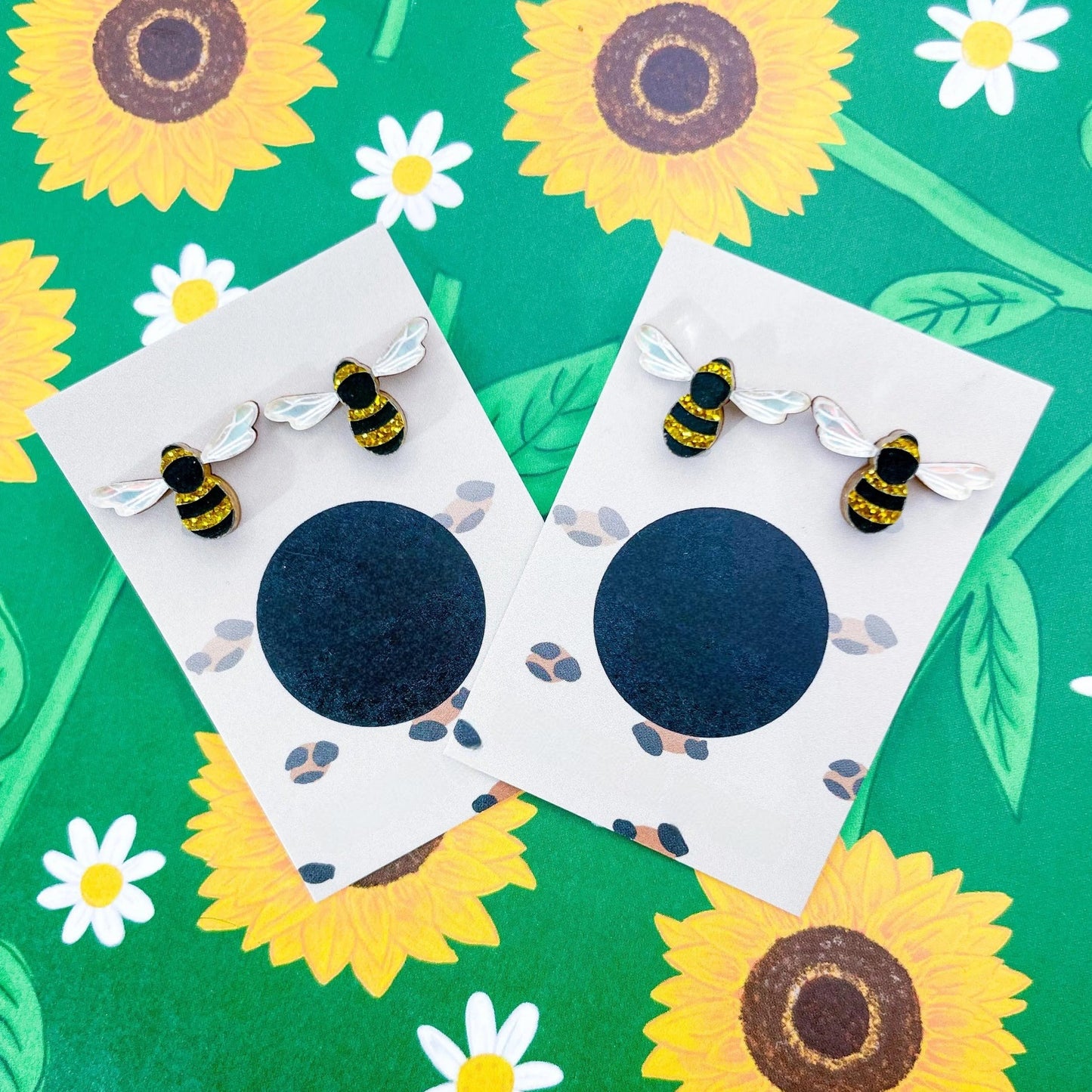 Gold Glitter & Iridescent Blue Honey Bee Acrylic Stud Earrings