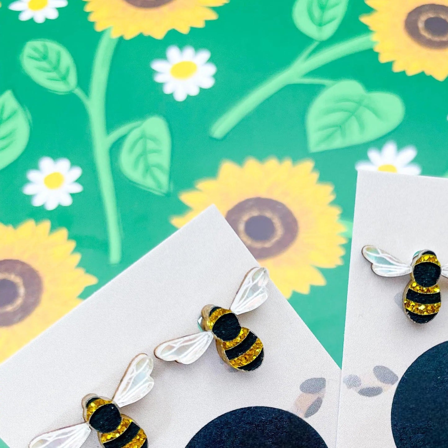 Gold Glitter & Iridescent Blue Honey Bee Acrylic Stud Earrings