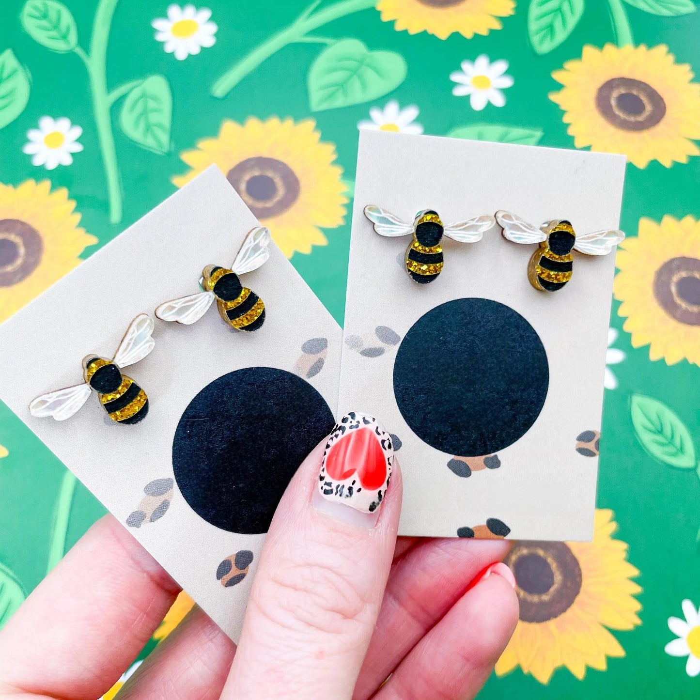 Gold Glitter & Iridescent Blue Honey Bee Acrylic Stud Earrings