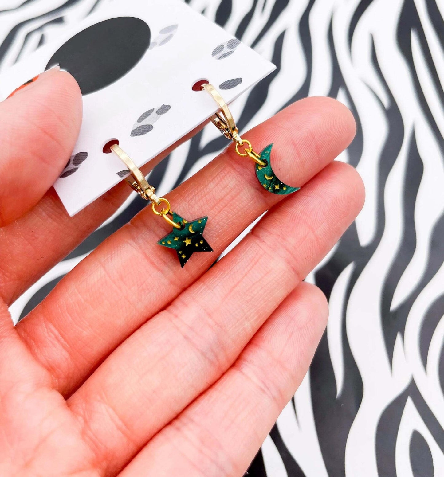 Emerald Galaxy Star & Moon Acrylic Hoop Earrings