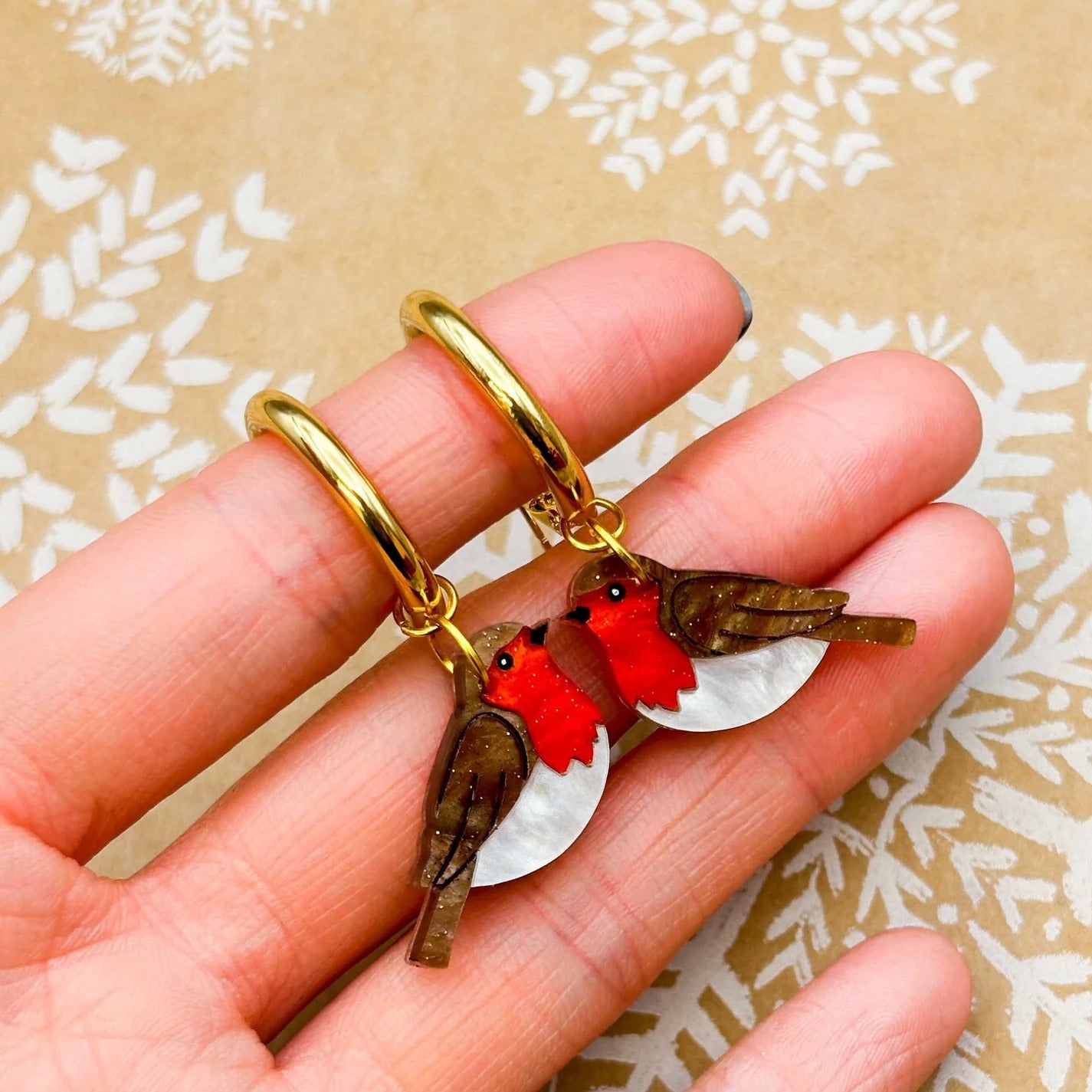 Robin Red Breast Marble Acrylic Bird Dangle Earrings