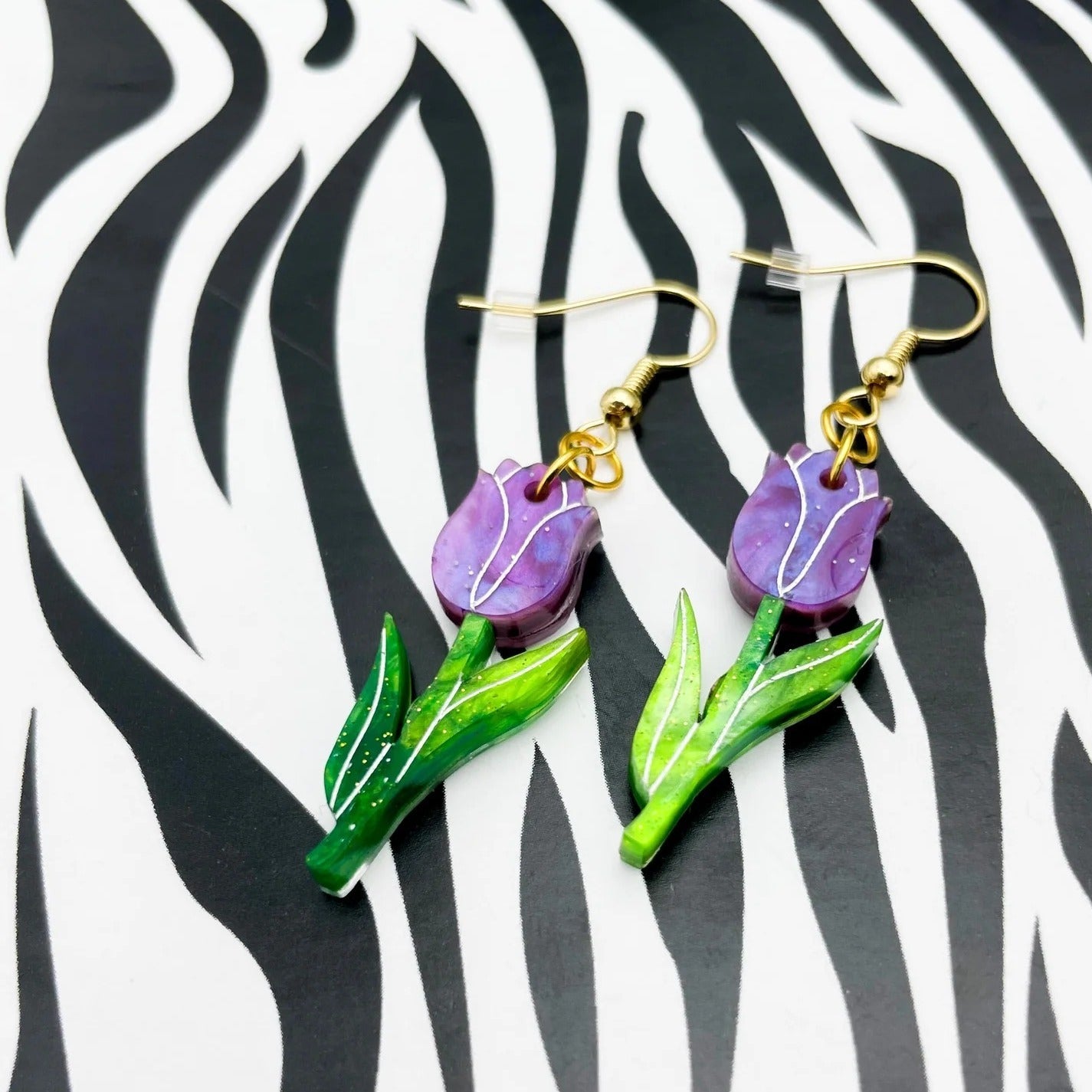 Pink & Green Tulip Flower Glitter Acrylic Dangle Earrings
