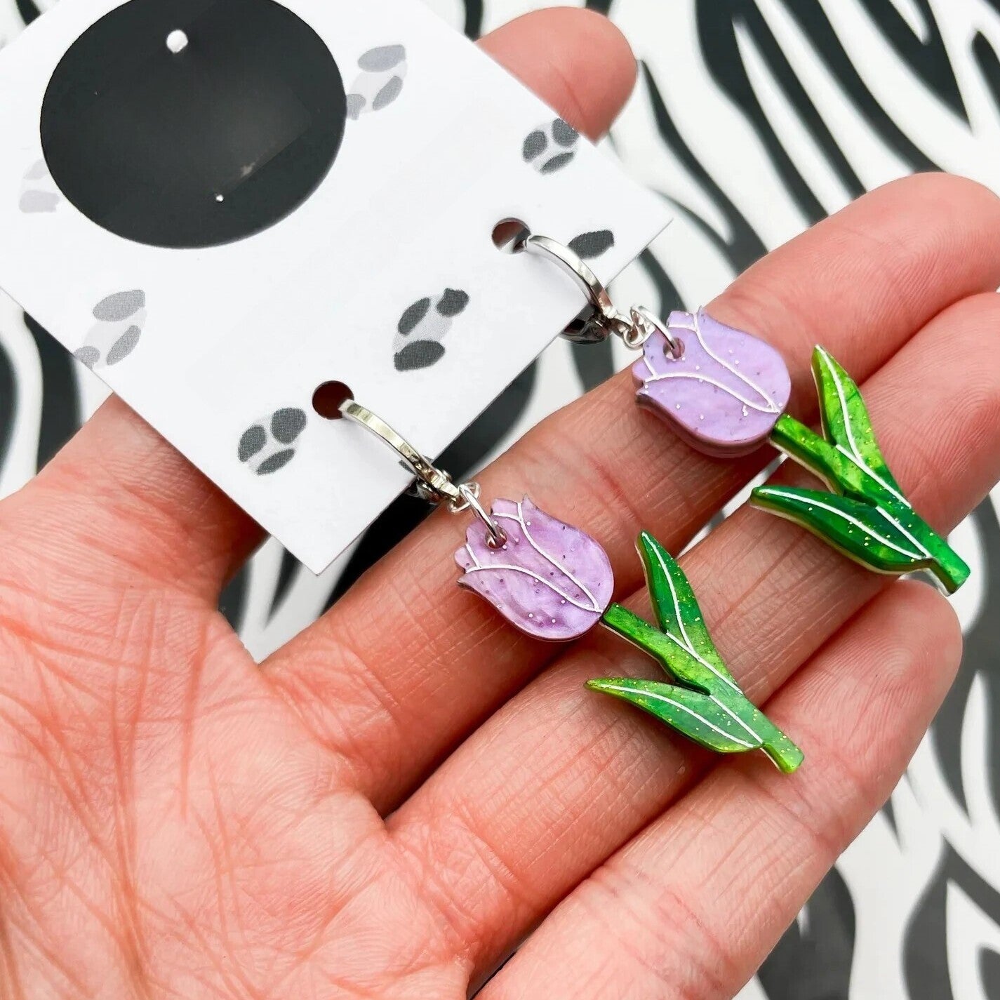 Pink & Green Tulip Flower Glitter Acrylic Dangle Earrings