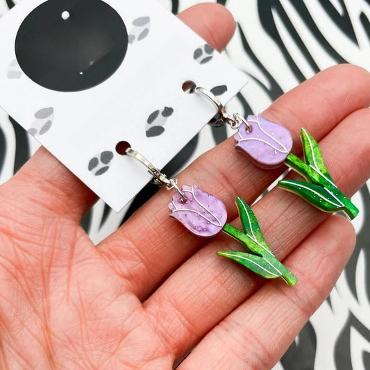 Pink & Green Tulip Flower Glitter Acrylic Dangle Earrings