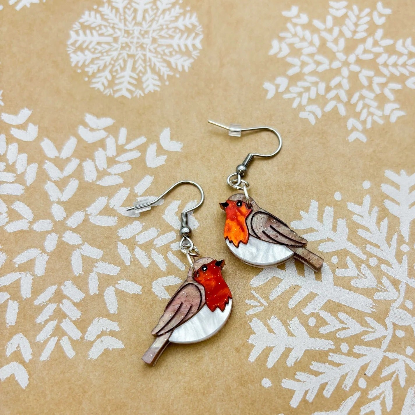 Robin Red Breast Marble Acrylic Bird Dangle Earrings