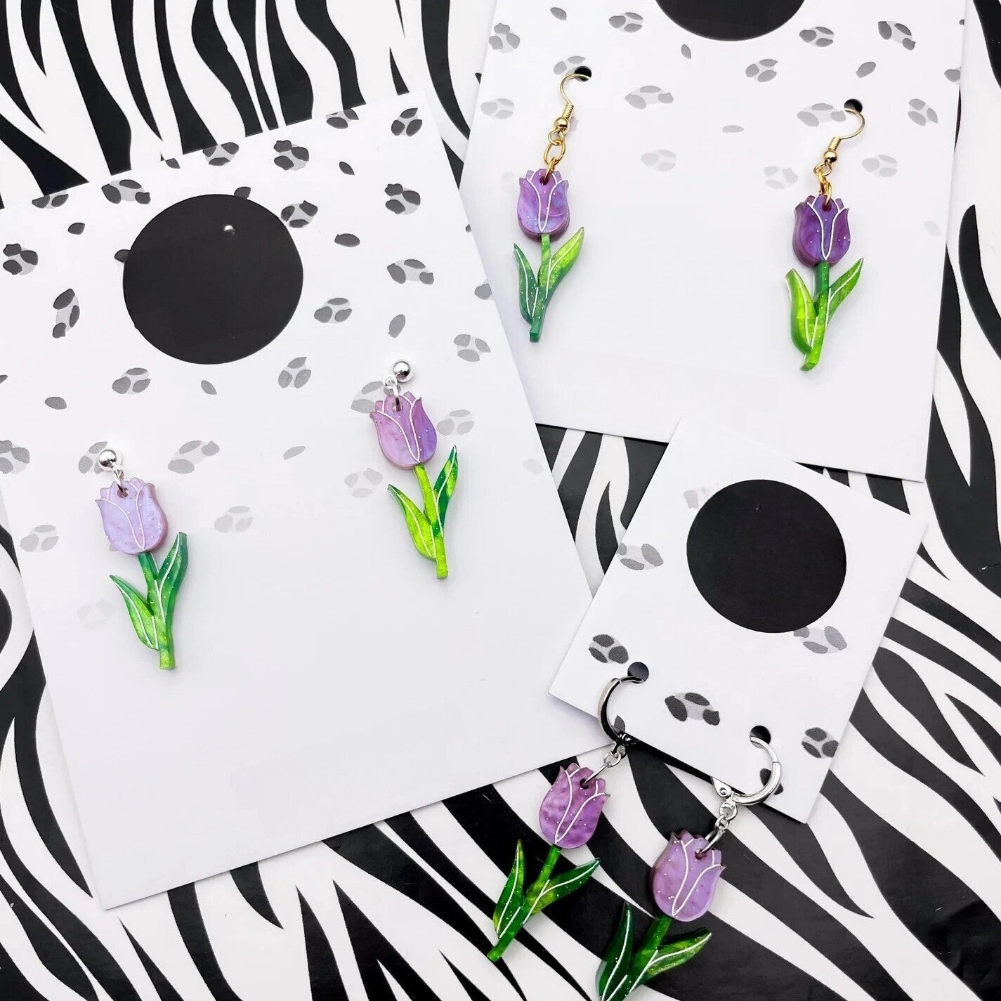 Pink & Green Tulip Flower Glitter Acrylic Dangle Earrings