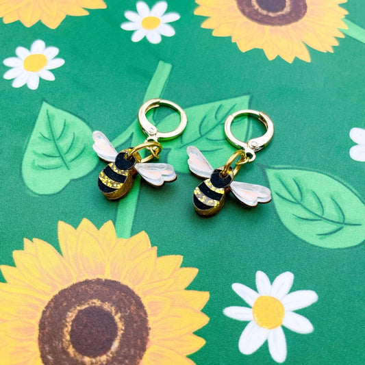 Gold Glitter & Iridescent Blue Bee Acrylic Dangle Earrings