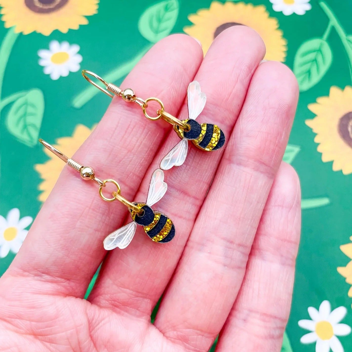 Gold Glitter & Iridescent Blue Bee Acrylic Dangle Earrings