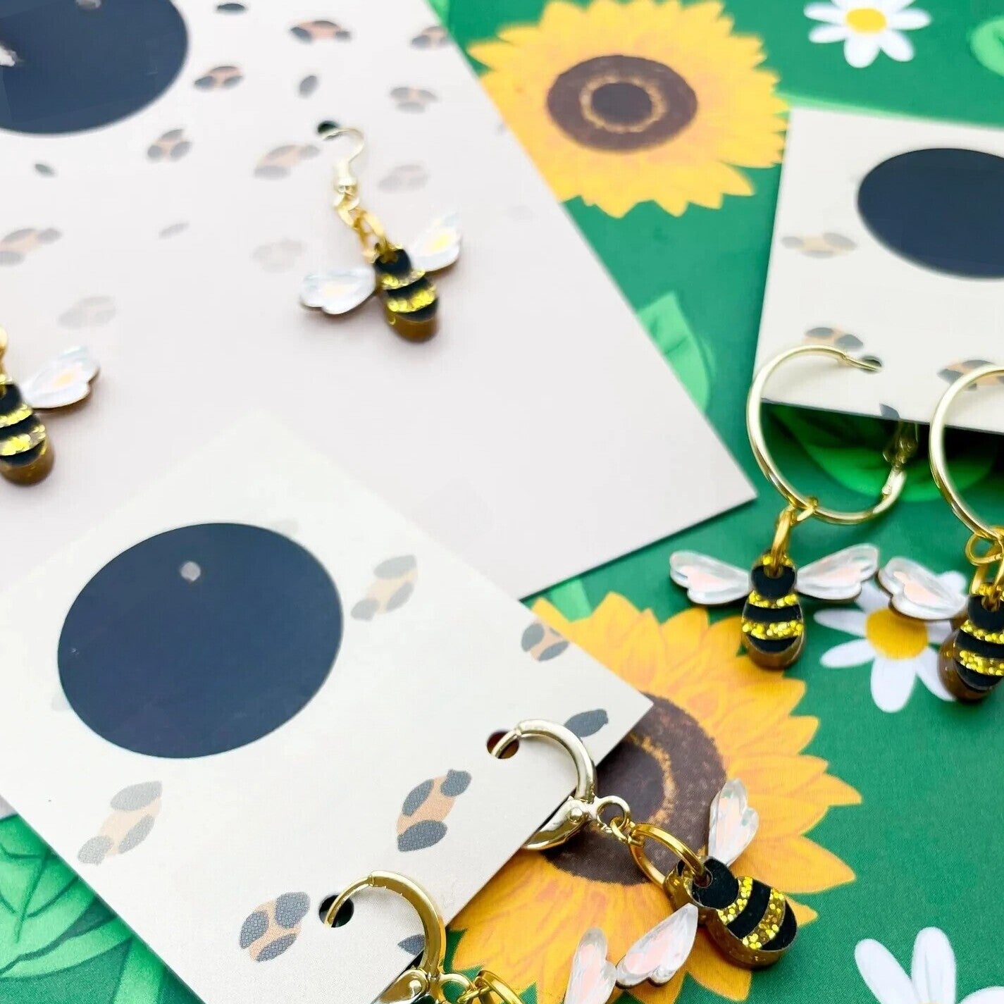 Gold Glitter & Iridescent Blue Bee Acrylic Dangle Earrings