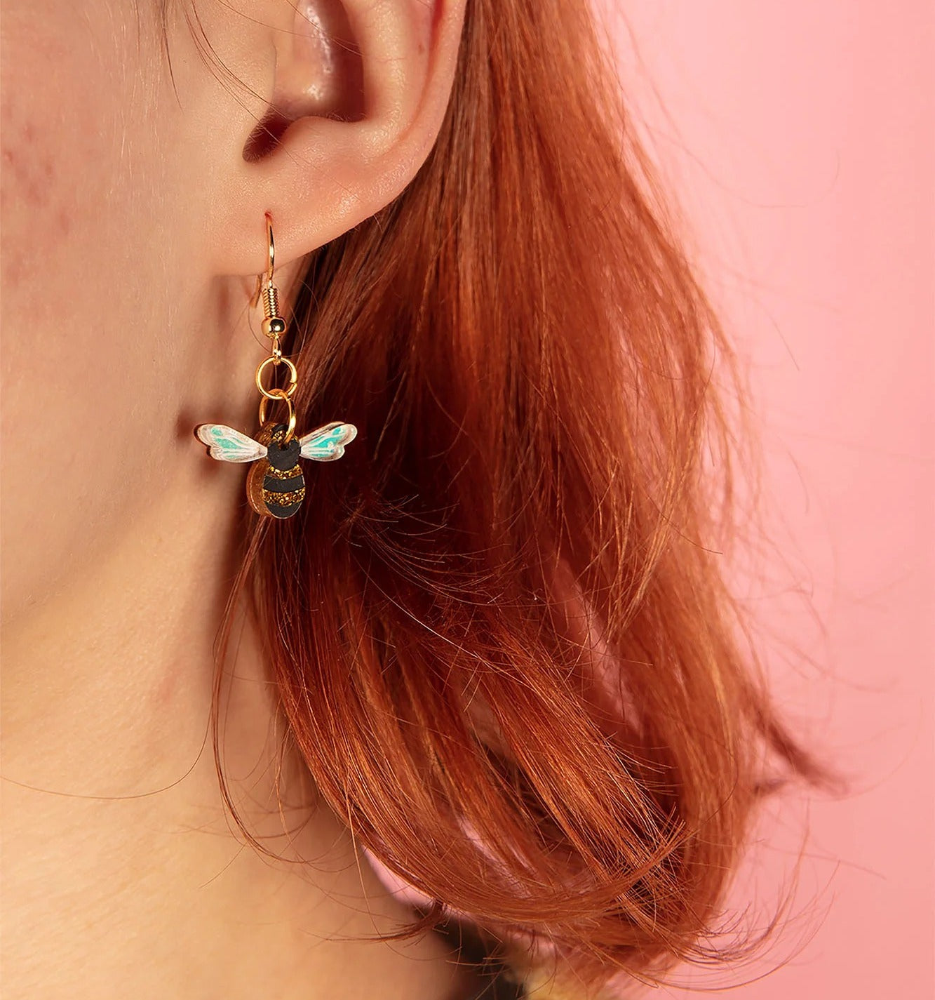 Gold Glitter & Iridescent Blue Bee Acrylic Dangle Earrings