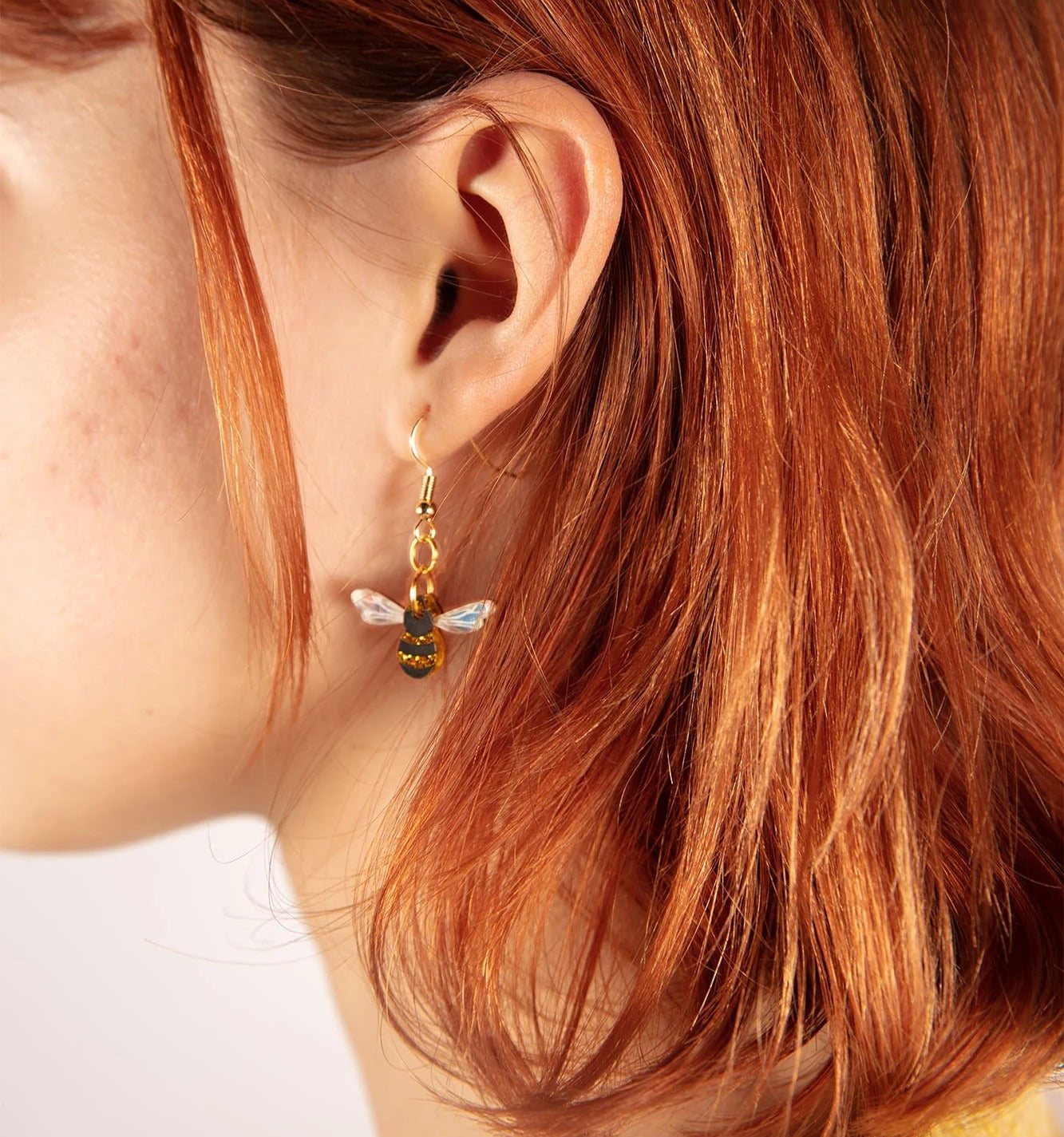 Gold Glitter & Iridescent Blue Bee Acrylic Dangle Earrings