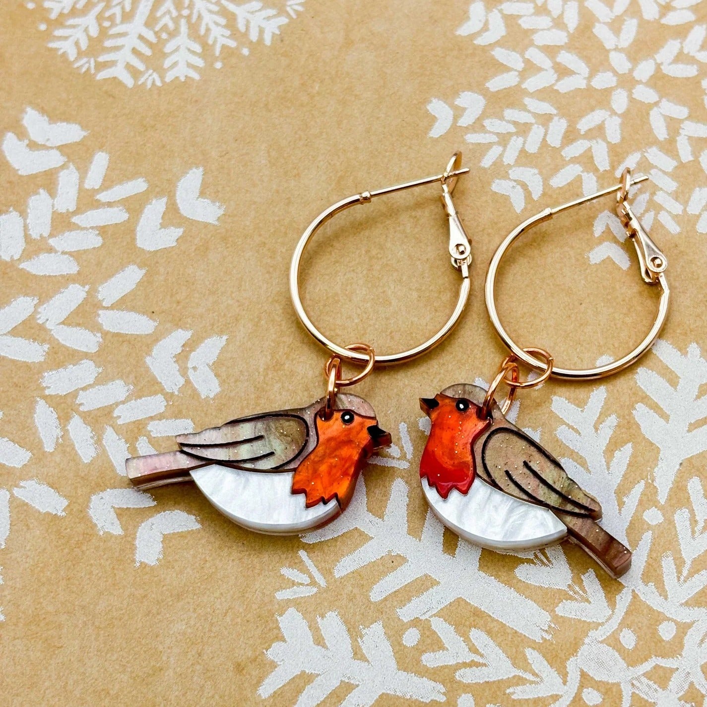 Robin Red Breast Marble Acrylic Bird Dangle Earrings
