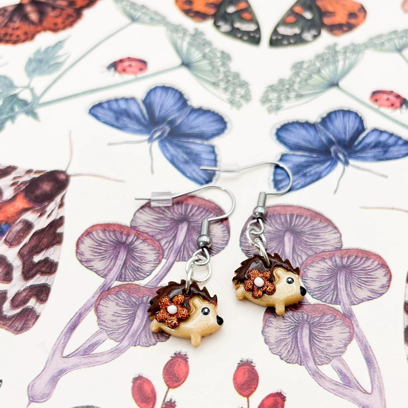 Copper Glitter Autumn Flower Hedgehog Acrylic Dangle Earrings